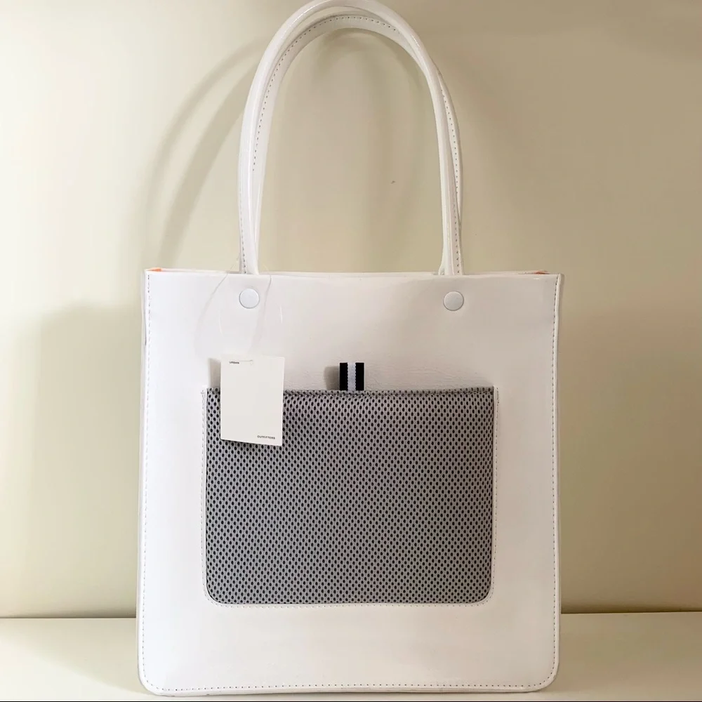 White patent minimal sporty tote bag
